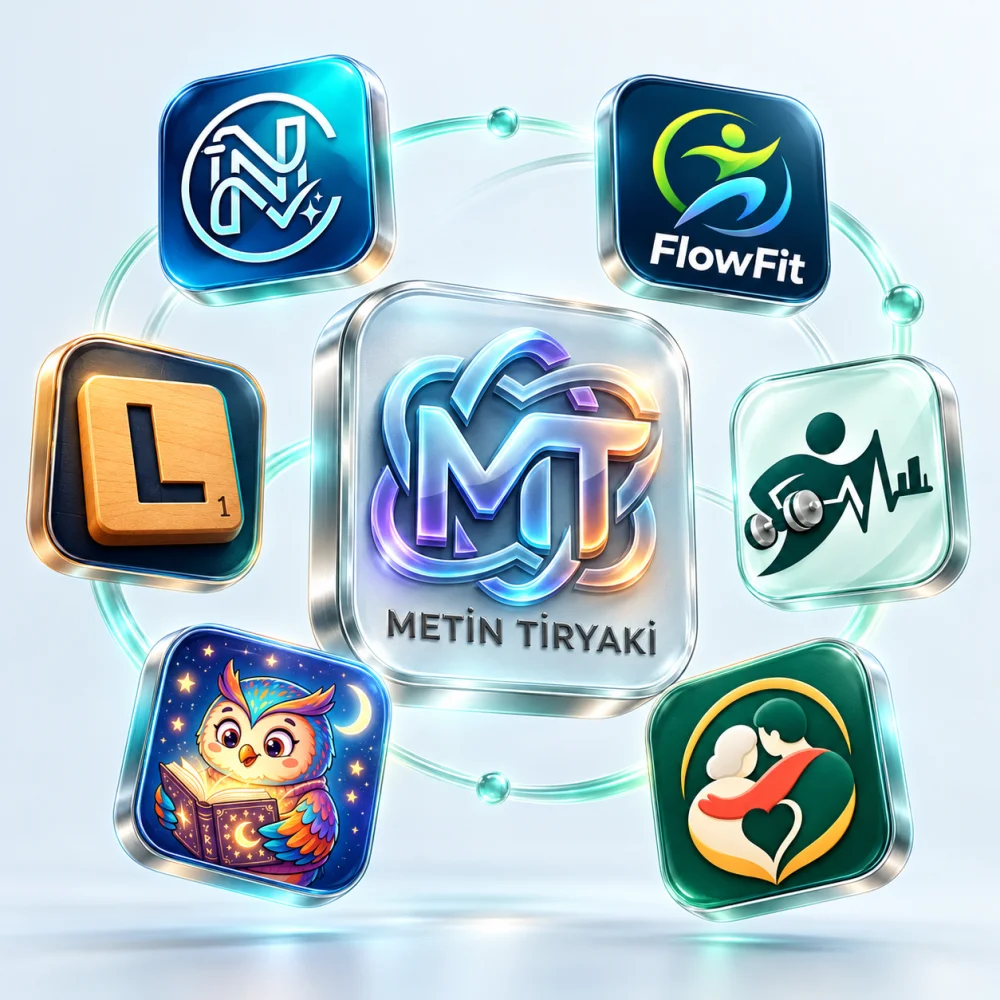 Metin Tiryaki ve altı uygulamasının logolarından oluşan 3D tasarım